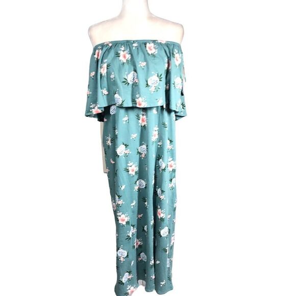 O'Neill Dress Womens 2X Green Floral Ruffle Kole Strapless Off Shoulder Maxi - Picture 6 of 13